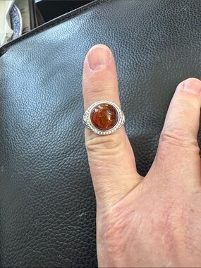Unique New Sterling Silver Amber Cognac Cabochon Statement Ring